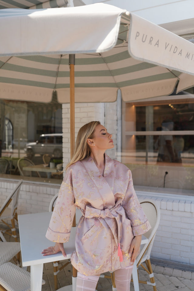 Petal Glow Kimono by Akimota — blush jacquard with golden florals